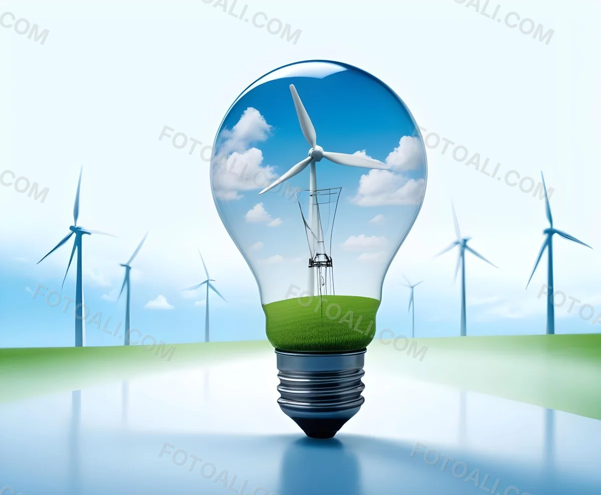 A Light Bulb With A Green Field And Wind Turbines Inside Blue Sky With Clouds More Wind Turbines In The Background 5 C444