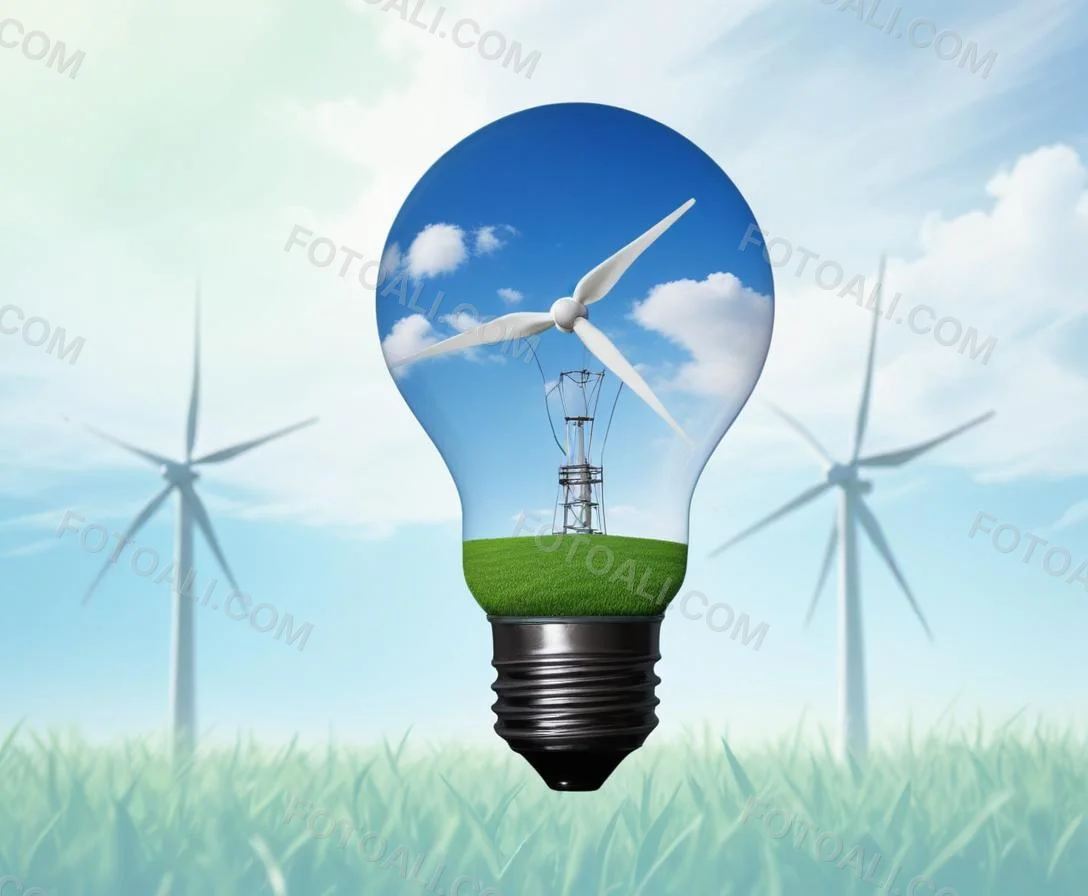 A Light Bulb With A Green Field And Wind Turbines Inside Blue Sky With Clouds More Wind Turbines In The Background 51 F85c