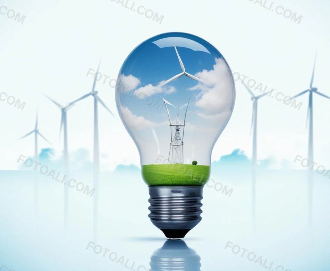 A Light Bulb With A Green Field And Wind Turbines Inside Blue Sky With Clouds More Wind Turbines In The Background 52 5439