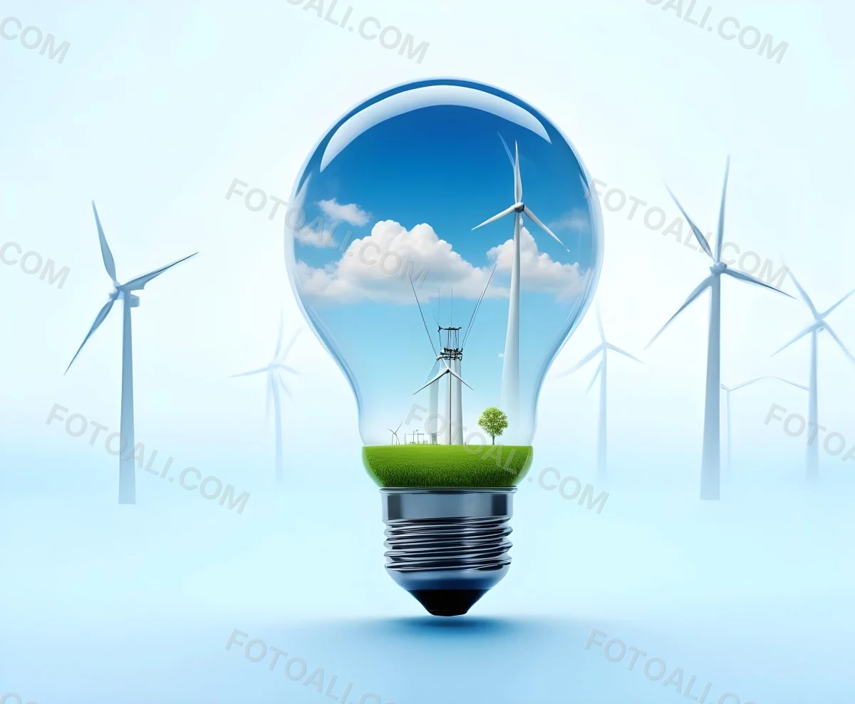 A Light Bulb With A Green Field And Wind Turbines Inside Blue Sky With Clouds More Wind Turbines In The Background 53 572b