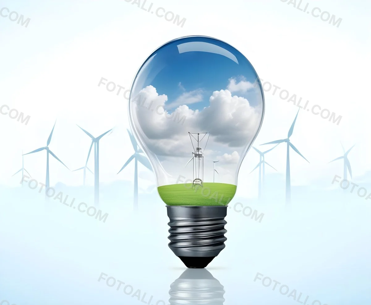 A Light Bulb With A Green Field And Wind Turbines Inside Blue Sky With Clouds More Wind Turbines In The Background 54 F419