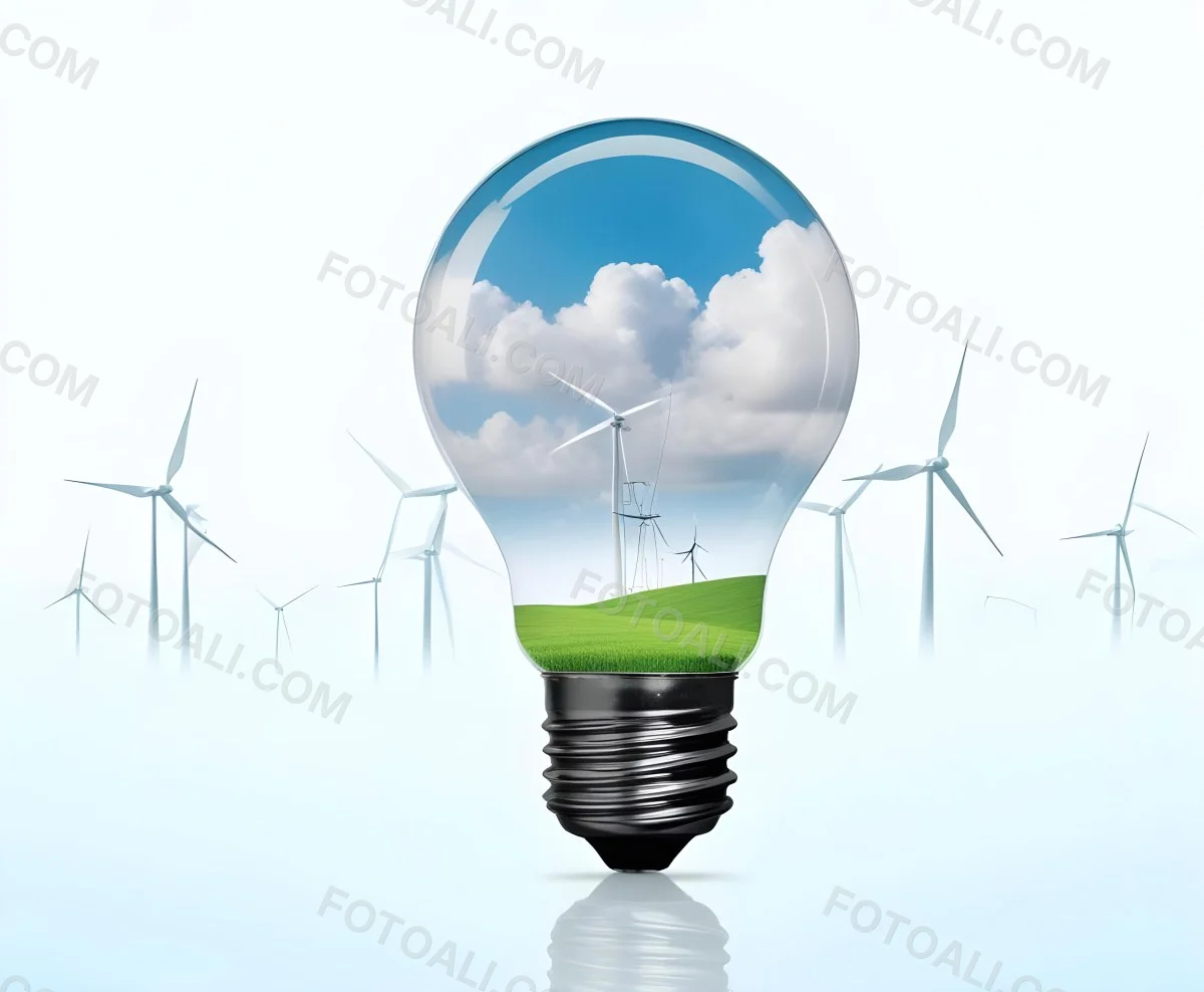 A Light Bulb With A Green Field And Wind Turbines Inside Blue Sky With Clouds More Wind Turbines In The Background 55 43bb