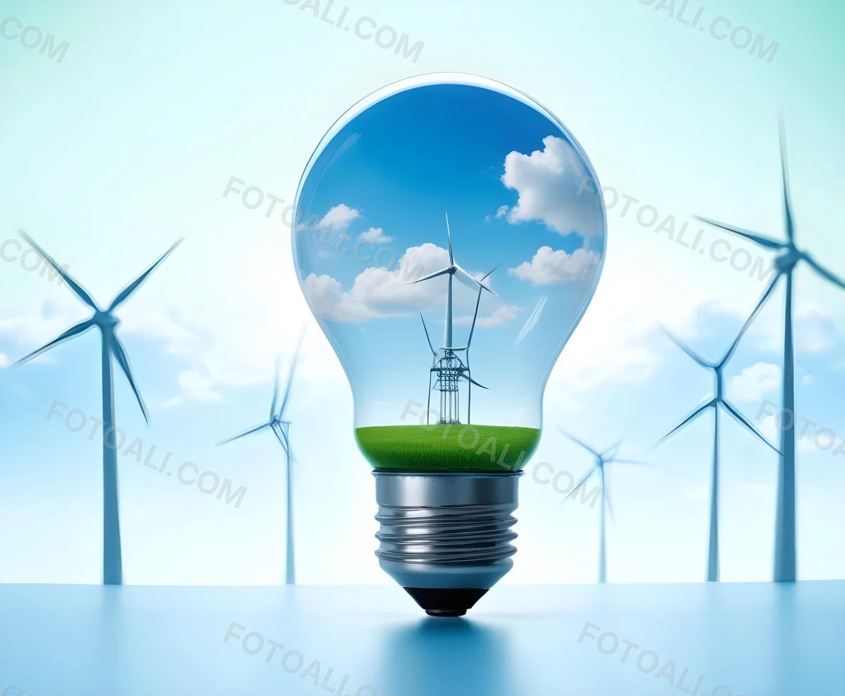 A Light Bulb With A Green Field And Wind Turbines Inside Blue Sky With Clouds More Wind Turbines In The Background 56 3dbd