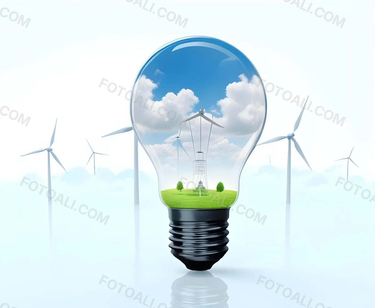 A Light Bulb With A Green Field And Wind Turbines Inside Blue Sky With Clouds More Wind Turbines In The Background 6 801a