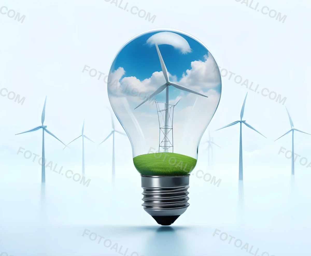 A Light Bulb With A Green Field And Wind Turbines Inside Blue Sky With Clouds More Wind Turbines In The Background 6 F734