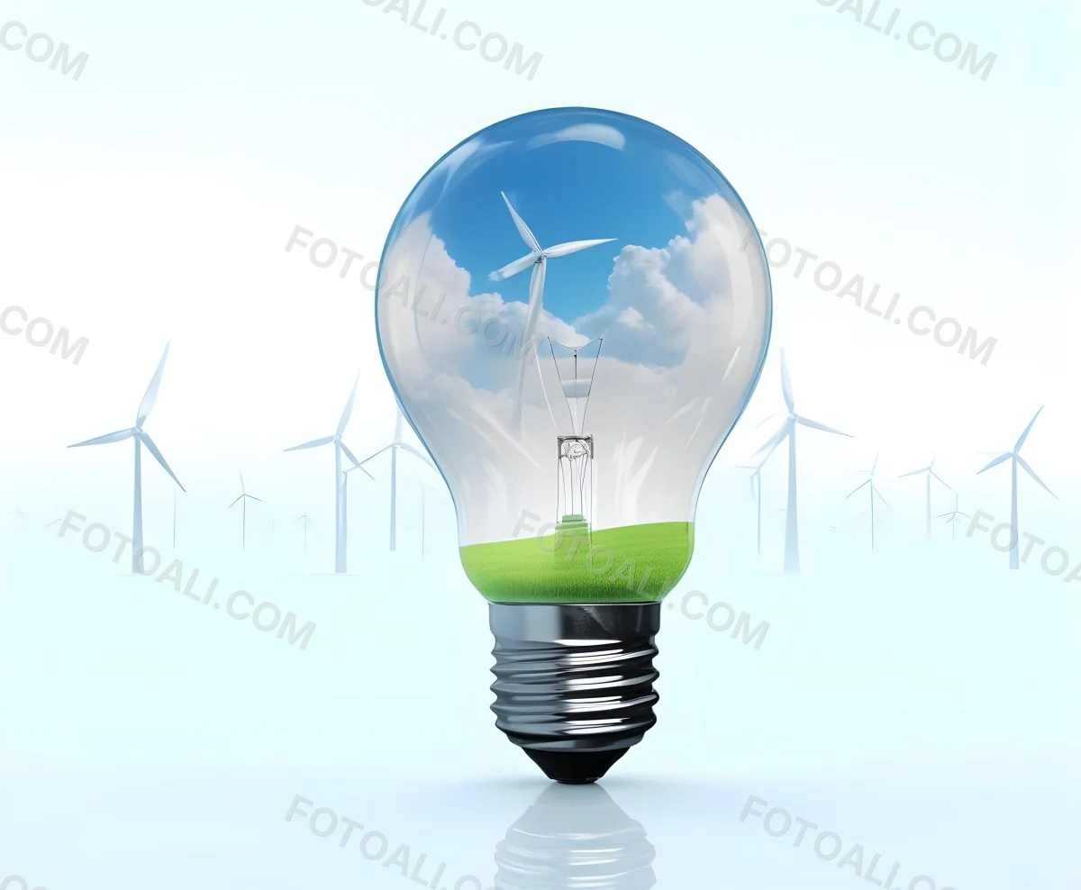 A Light Bulb With A Green Field And Wind Turbines Inside Blue Sky With Clouds More Wind Turbines In The Background 7 00dc