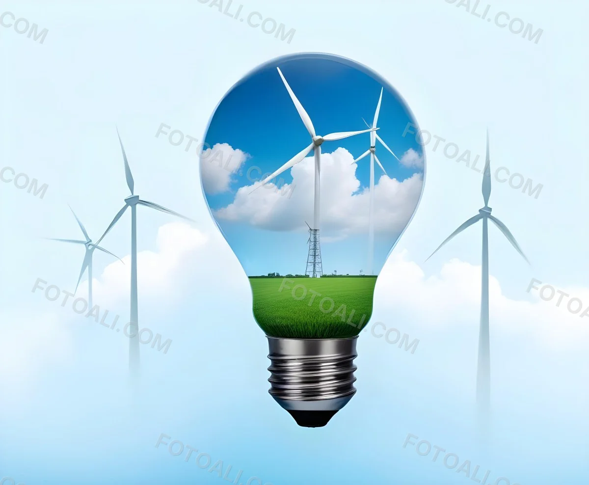 A Light Bulb With A Green Field And Wind Turbines Inside Blue Sky With Clouds More Wind Turbines In The Background 7 81d0