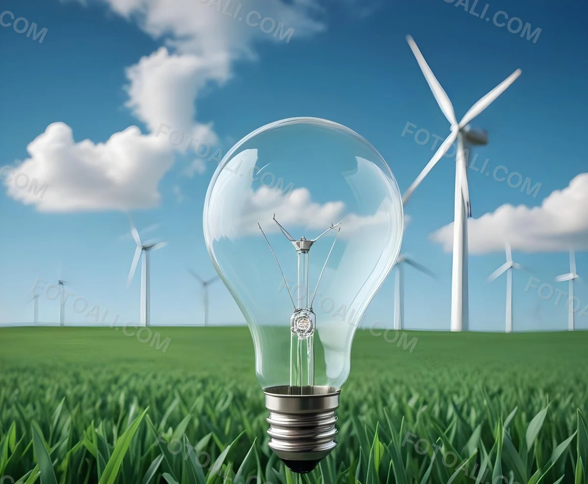 A Light Bulb With A Green Field And Wind Turbines Inside Blue Sky With Clouds More Wind Turbines In The Background 8 Ae03