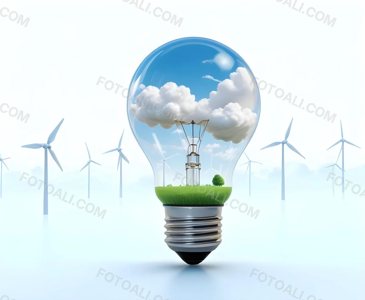 A Light Bulb With A Green Field And Wind Turbines Inside Blue Sky With Clouds More Wind Turbines In The Background 8 B9d7