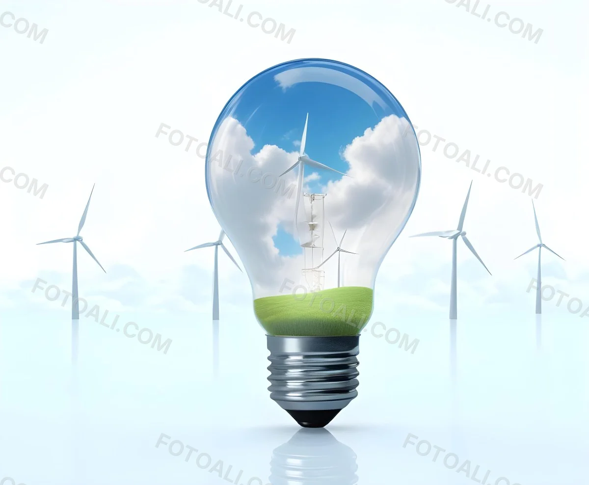 A Light Bulb With A Green Field And Wind Turbines Inside Blue Sky With Clouds More Wind Turbines In The Background 9 2429