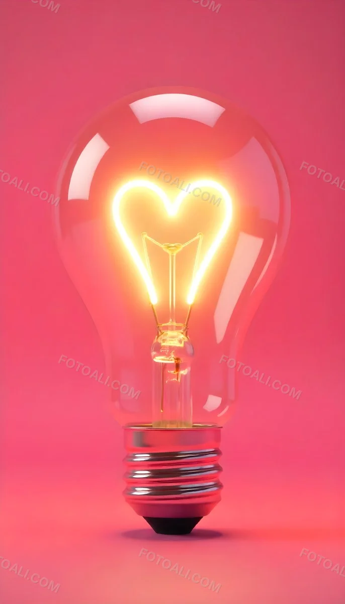A Light Bulb With A Heart Shaped Filament Glowing With A Warm Light The Background Is A Solid Pink Color Creating A Simple And Modern Design 12 3ffa