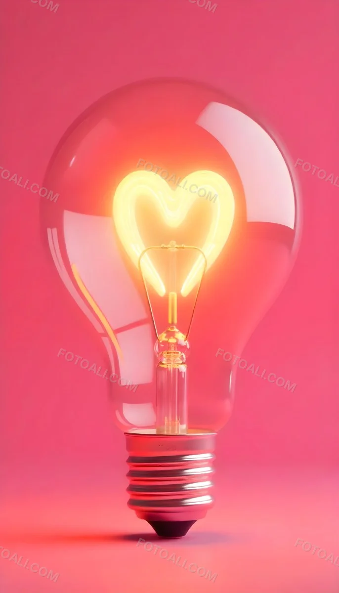 A Light Bulb With A Heart Shaped Filament Glowing With A Warm Light The Background Is A Solid Pink Color Creating A Simple And Modern Design 14 7e1d
