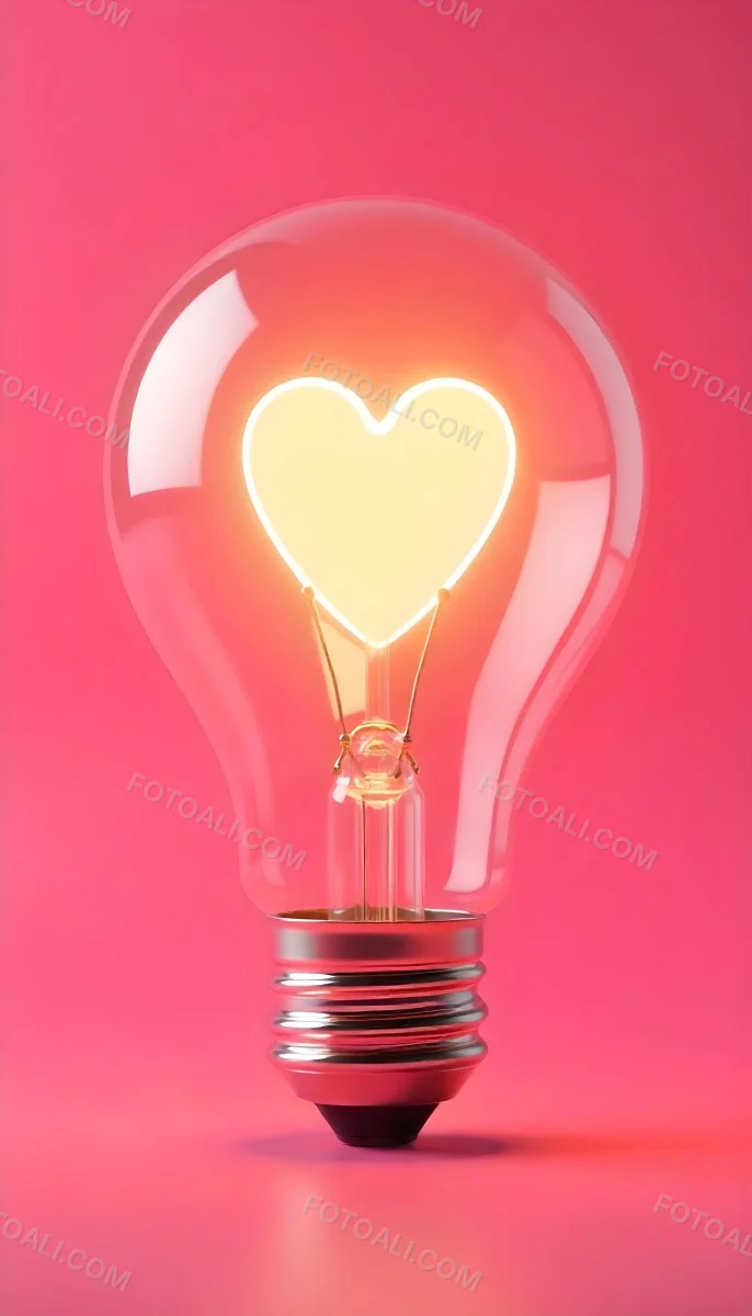 A Light Bulb With A Heart Shaped Filament Glowing With A Warm Light The Background Is A Solid Pink Color Creating A Simple And Modern Design 9 5198
