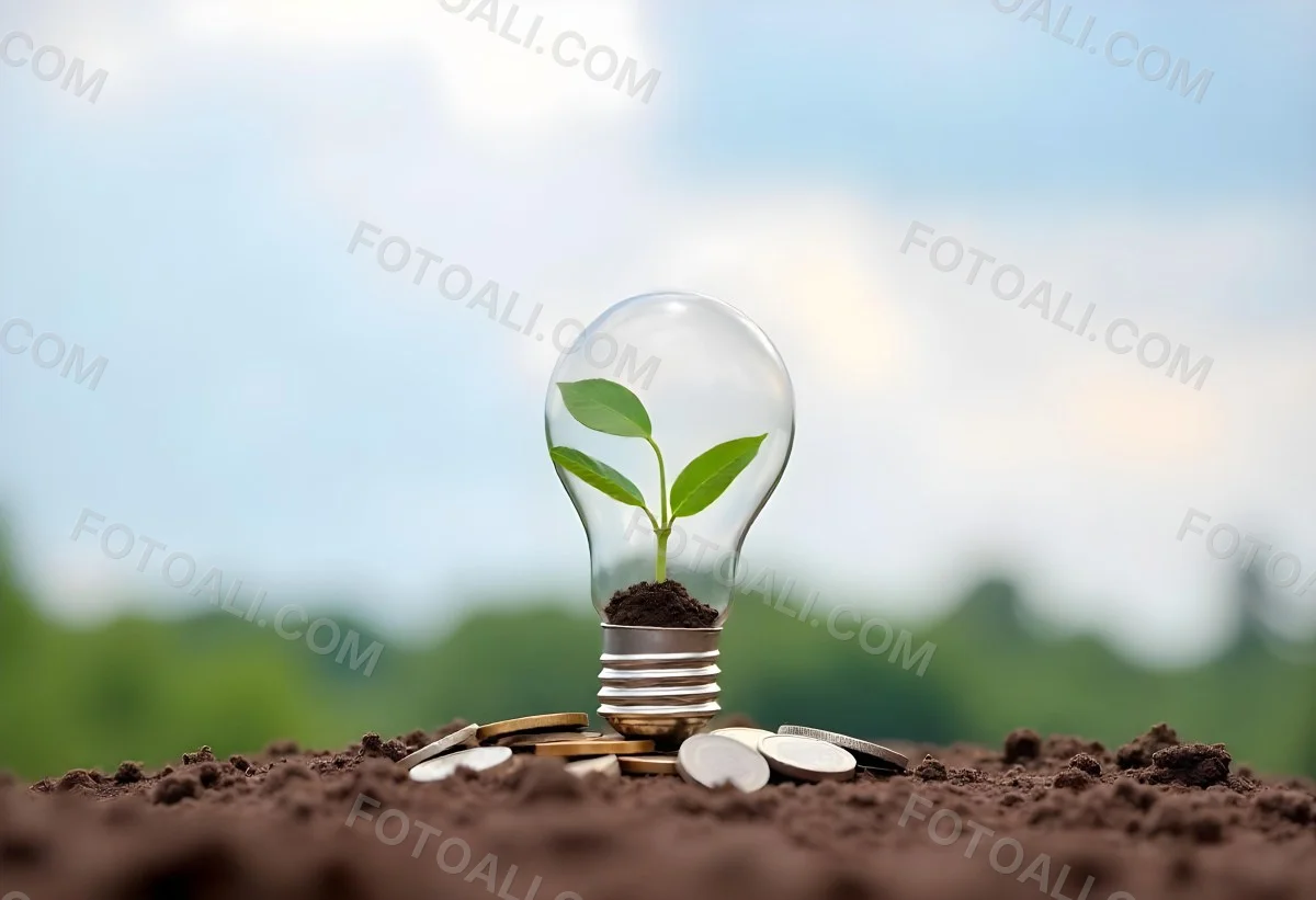 A Light Bulb With A Plant Growing Inside On Top Of A Pile Of Coins On A Mound Of Dirt With A Blurred Background Of Trees And Sky 14 6d29