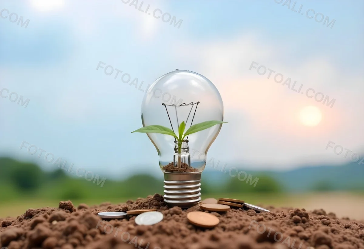 A Light Bulb With A Plant Growing Inside On Top Of A Pile Of Coins On A Mound Of Dirt With A Blurred Background Of Trees And Sky 21 33f5