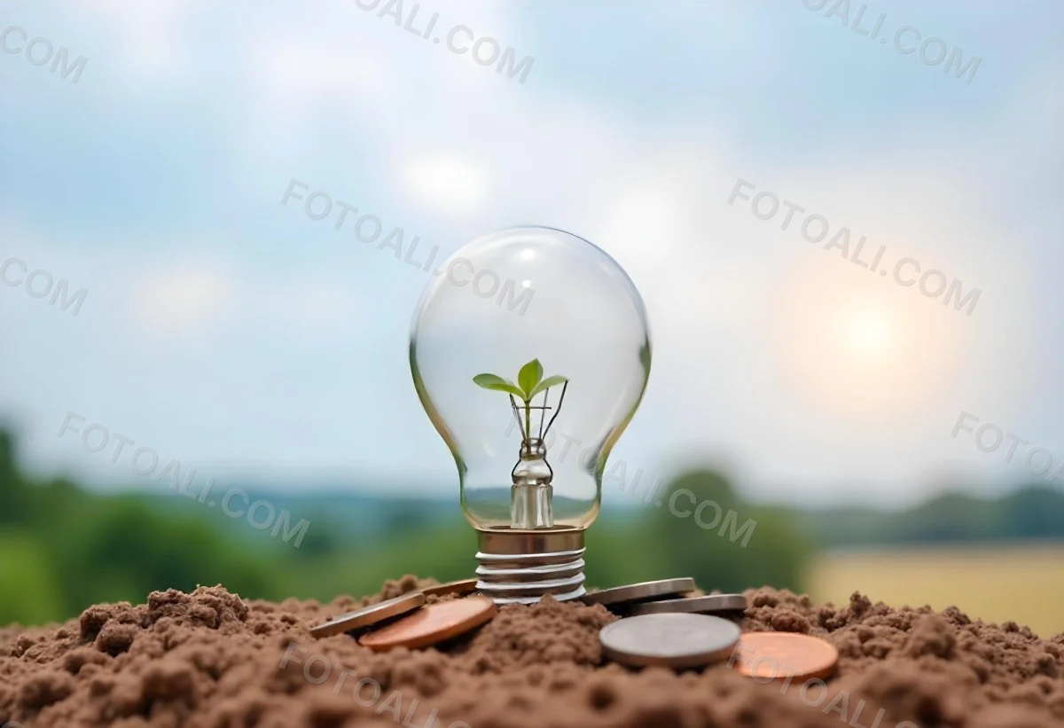 A Light Bulb With A Plant Growing Inside On Top Of A Pile Of Coins On A Mound Of Dirt With A Blurred Background Of Trees And Sky 23 E721