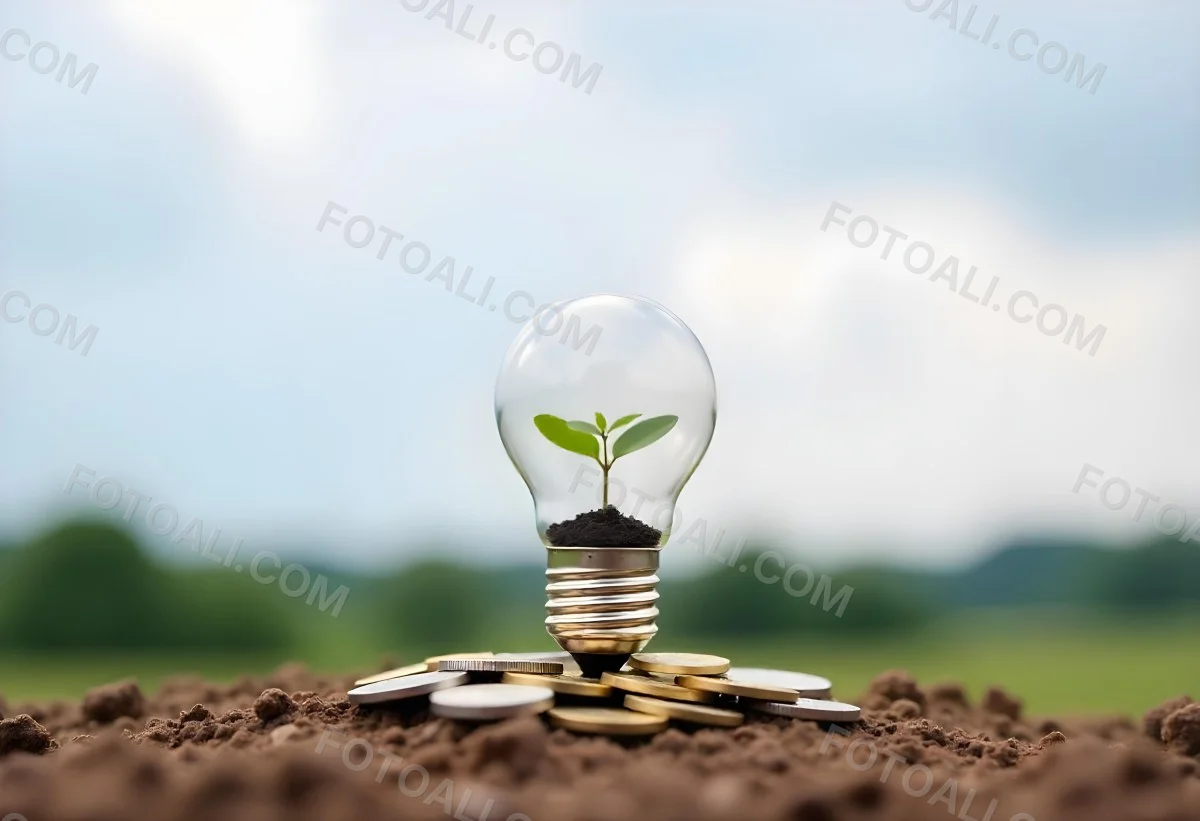 A Light Bulb With A Plant Growing Inside On Top Of A Pile Of Coins On A Mound Of Dirt With A Blurred Background Of Trees And Sky 31 Ff20