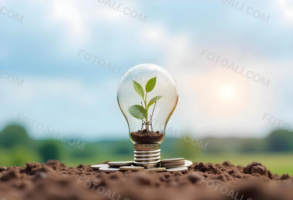 A Light Bulb With A Plant Growing Inside On Top Of A Pile Of Coins On A Mound Of Dirt With A Blurred Background Of Trees And Sky 32 0a46
