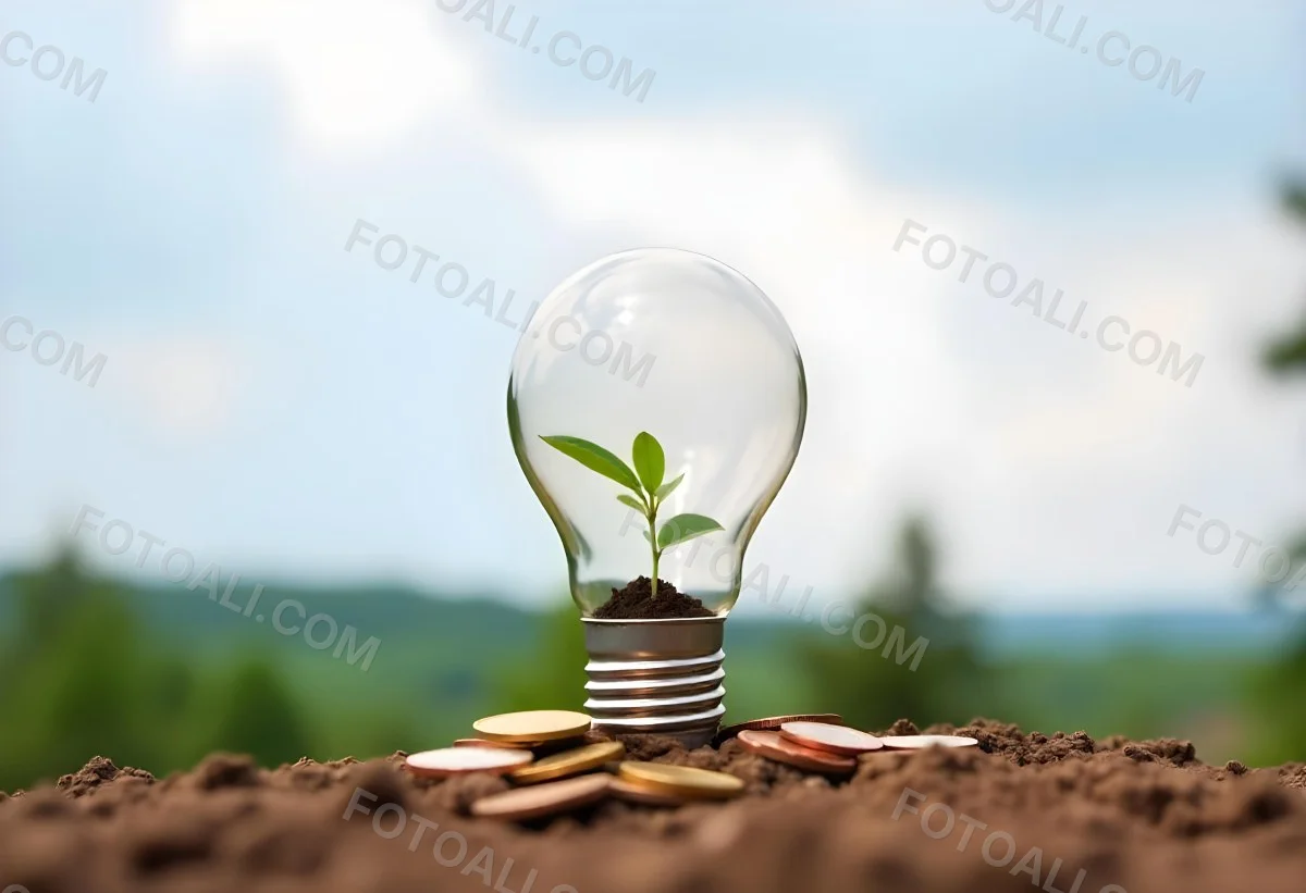 A Light Bulb With A Plant Growing Inside On Top Of A Pile Of Coins On A Mound Of Dirt With A Blurred Background Of Trees And Sky 36 16ca