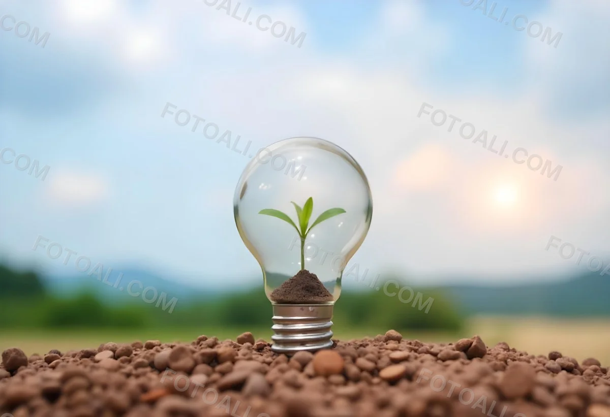 A Light Bulb With A Plant Growing Inside On Top Of A Pile Of Coins On A Mound Of Dirt With A Blurred Background Of Trees And Sky 4 4c24