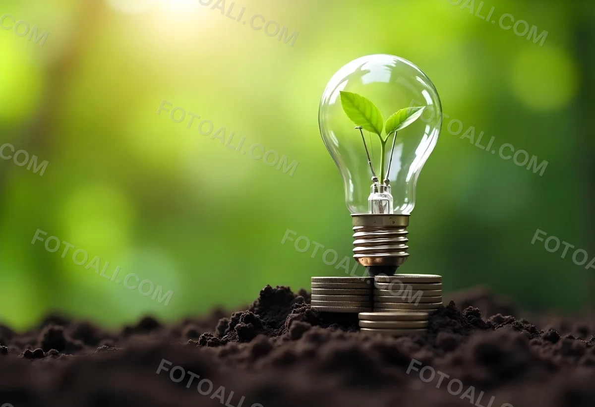 A Light Bulb With A Plant Growing Inside On Top Of A Pile Of Coins On A Mound Of Dirt With A Blurred Background Of Trees And Sky 40 1a45