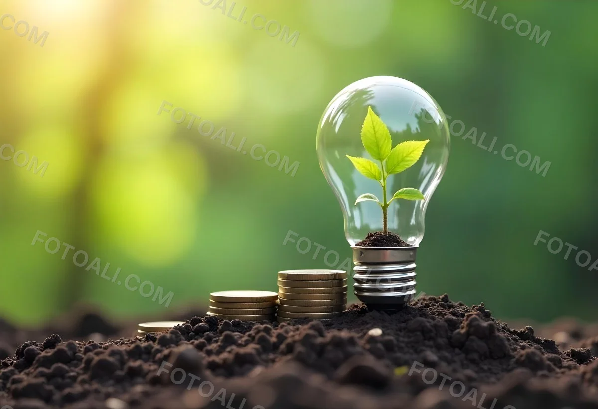A Light Bulb With A Plant Growing Inside On Top Of A Pile Of Coins On A Mound Of Dirt With A Blurred Background Of Trees And Sky 42 B223