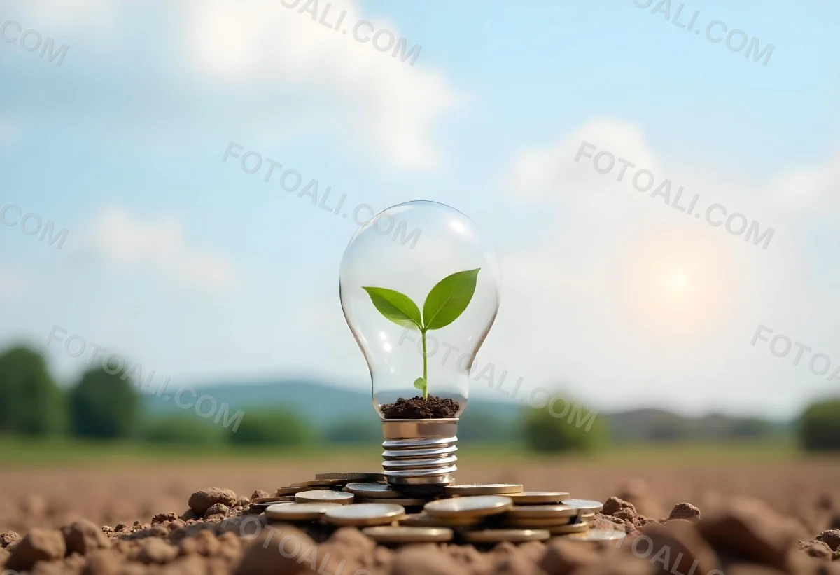 A Light Bulb With A Plant Growing Inside On Top Of A Pile Of Coins On A Mound Of Dirt With A Blurred Background Of Trees And Sky 43 983c