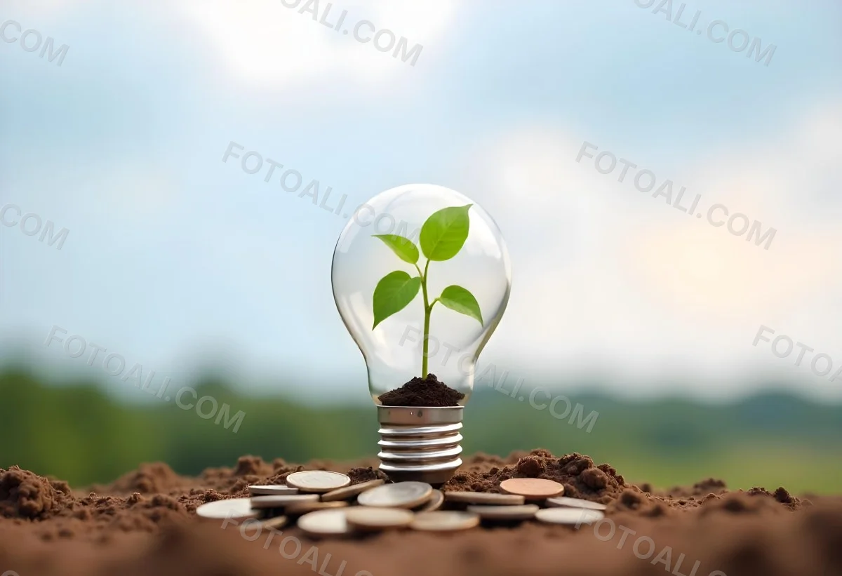 A Light Bulb With A Plant Growing Inside On Top Of A Pile Of Coins On A Mound Of Dirt With A Blurred Background Of Trees And Sky 44 B813