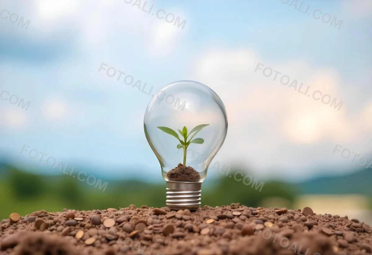 A Light Bulb With A Plant Growing Inside On Top Of A Pile Of Coins On A Mound Of Dirt With A Blurred Background Of Trees And Sky 5 5dec