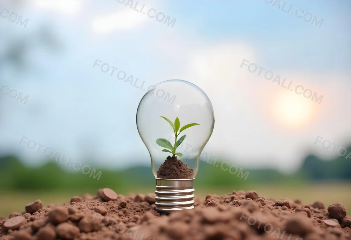 A Light Bulb With A Plant Growing Inside On Top Of A Pile Of Coins On A Mound Of Dirt With A Blurred Background Of Trees And Sky 6 D96e