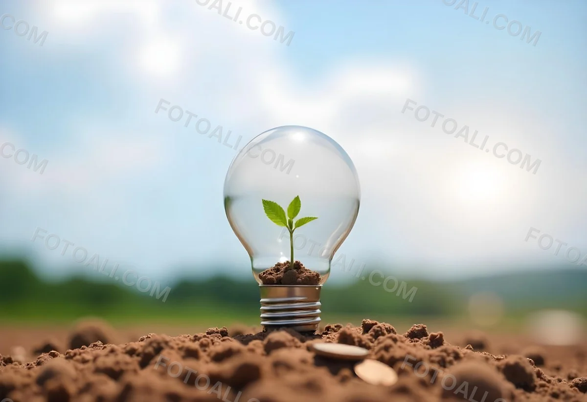 A Light Bulb With A Plant Growing Inside On Top Of A Pile Of Coins On A Mound Of Dirt With A Blurred Background Of Trees And Sky 7 80f1