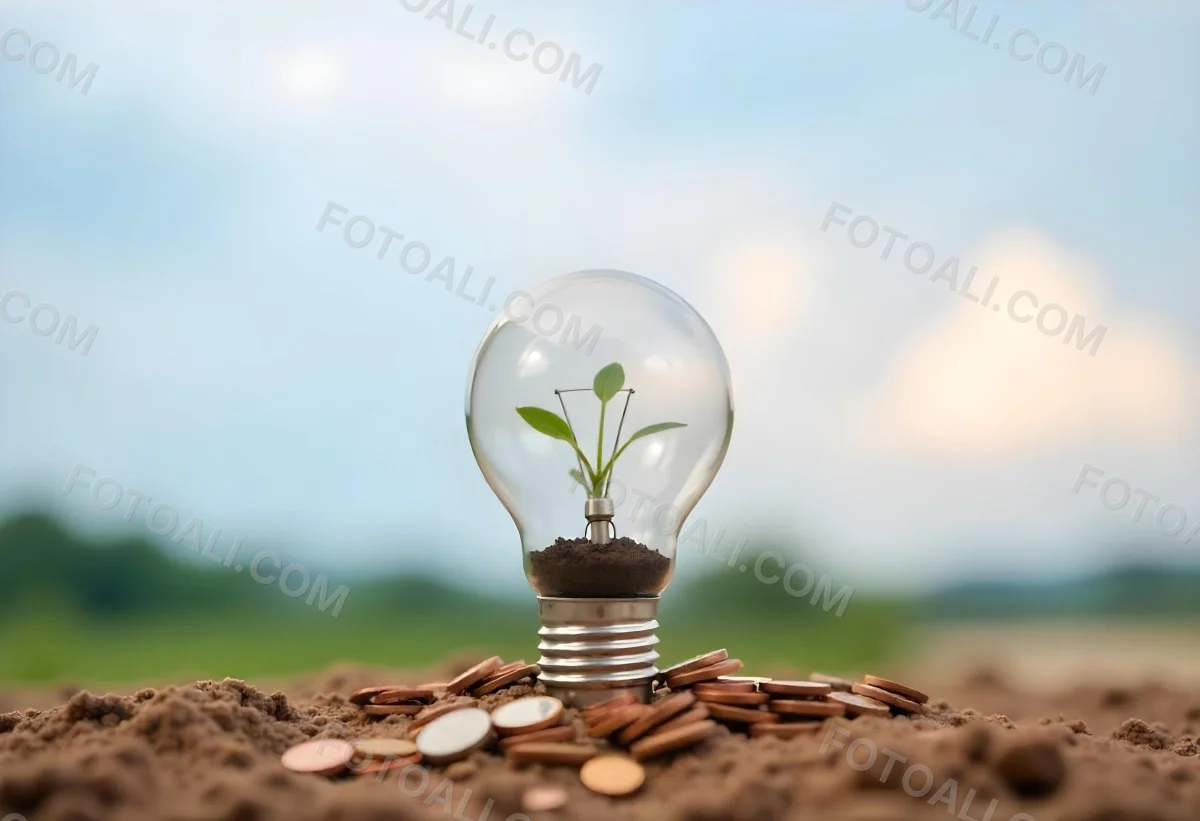 A Light Bulb With A Plant Growing Inside On Top Of A Pile Of Coins On A Mound Of Dirt With A Blurred Background Of Trees And Sky 8 Fddf