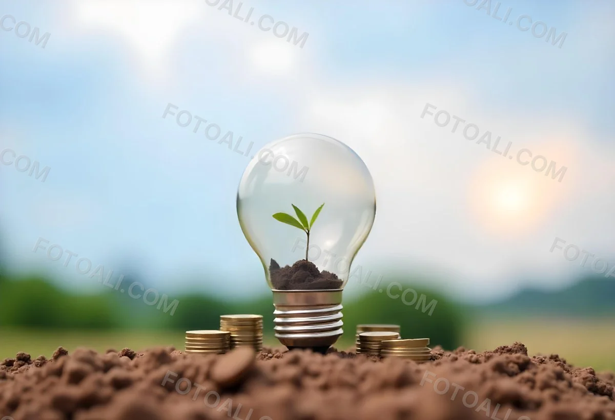A Light Bulb With A Plant Growing Inside On Top Of A Pile Of Coins On A Mound Of Dirt With A Blurred Background Of Trees And Sky 9 2736