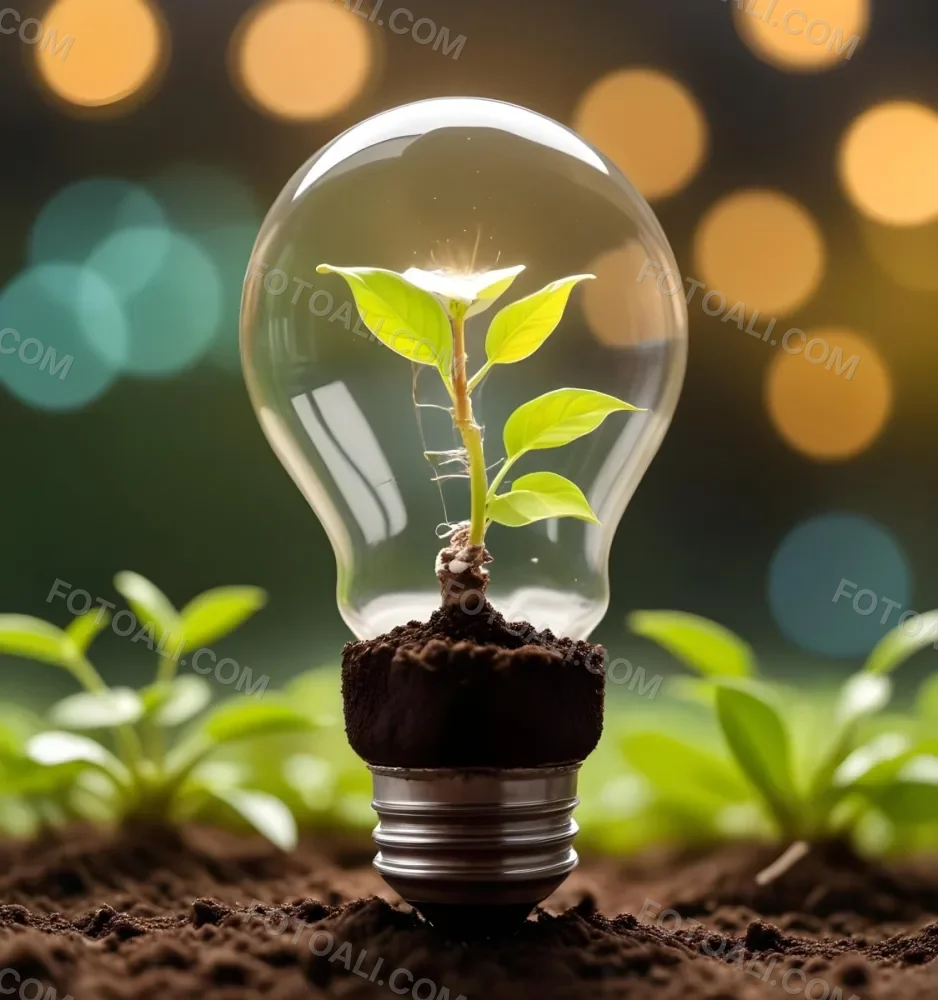 A Light Bulb With A Plant Growing Inside The Base Of The Bulb Is Filled With Soil Bokeh Background With Green And Yellow Tones 13 488b
