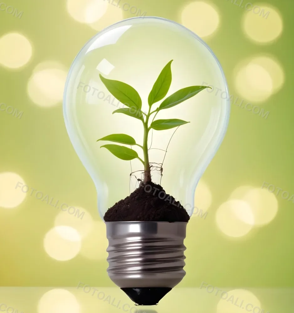 A Light Bulb With A Plant Growing Inside The Base Of The Bulb Is Filled With Soil Bokeh Background With Green And Yellow Tones 16 04f4
