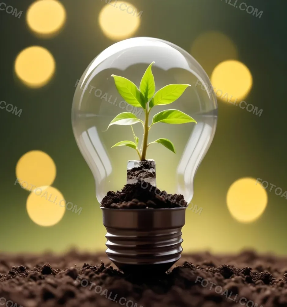 A Light Bulb With A Plant Growing Inside The Base Of The Bulb Is Filled With Soil Bokeh Background With Green And Yellow Tones 17 63e6