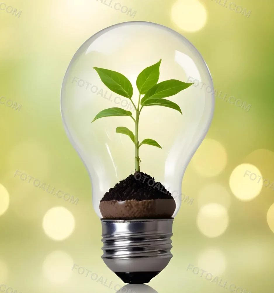 A Light Bulb With A Plant Growing Inside The Base Of The Bulb Is Filled With Soil Bokeh Background With Green And Yellow Tones 21 B7bb