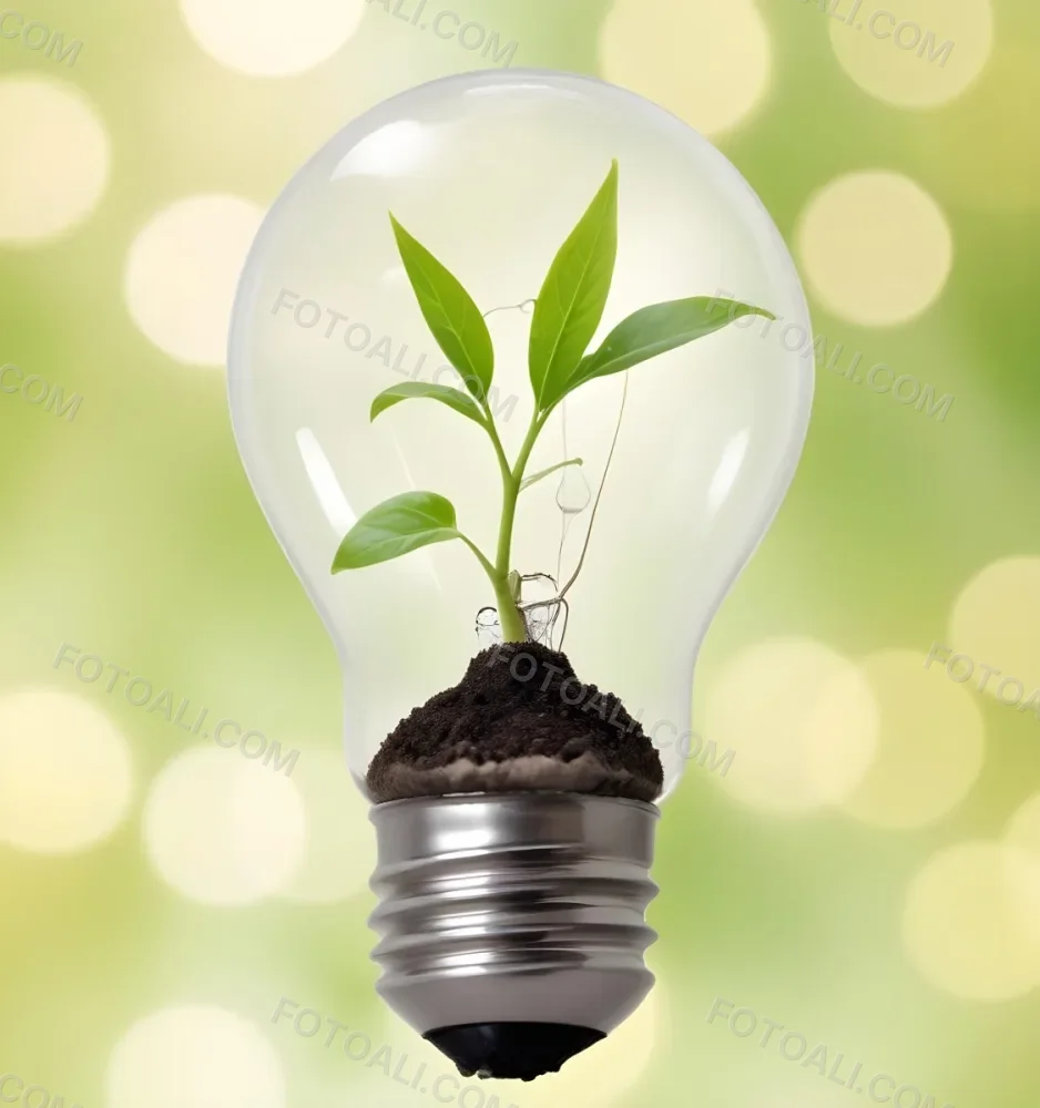 A Light Bulb With A Plant Growing Inside The Base Of The Bulb Is Filled With Soil Bokeh Background With Green And Yellow Tones 22 8f6a