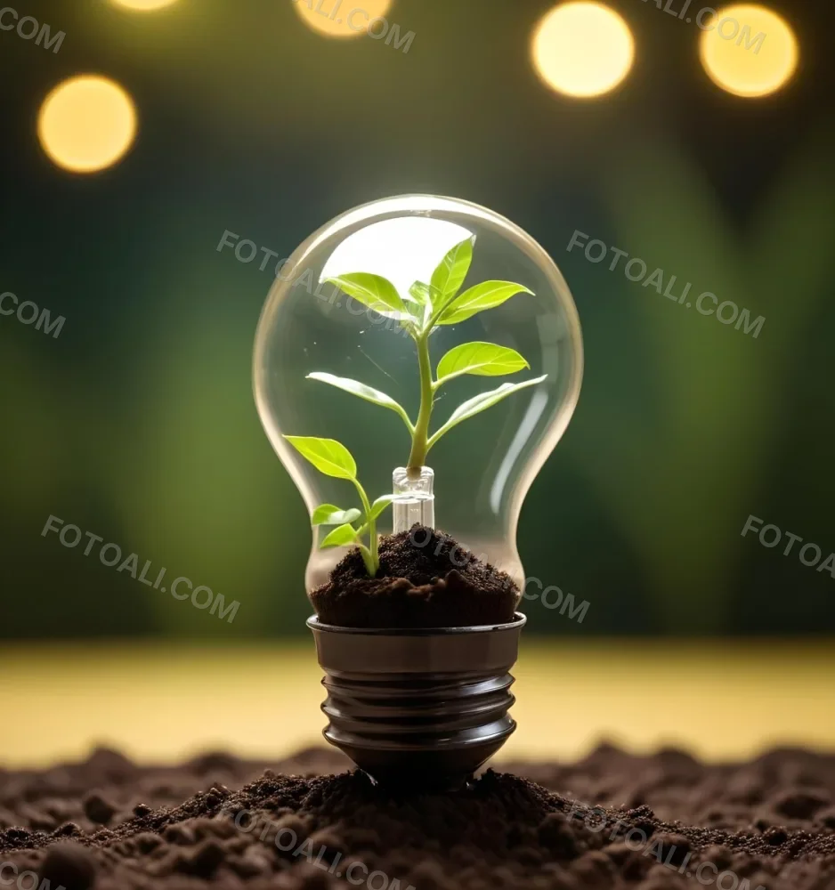 A Light Bulb With A Plant Growing Inside The Base Of The Bulb Is Filled With Soil Bokeh Background With Green And Yellow Tones 25 85a3
