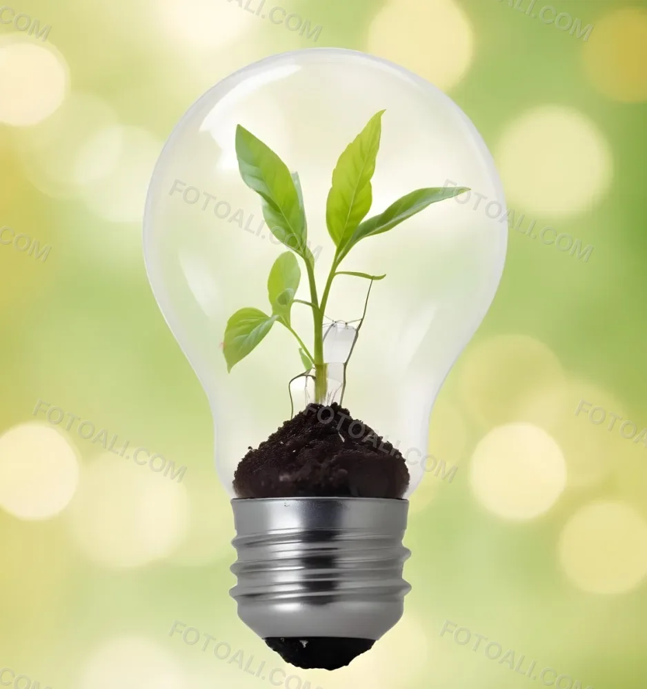 A Light Bulb With A Plant Growing Inside The Base Of The Bulb Is Filled With Soil Bokeh Background With Green And Yellow Tones 26 9833