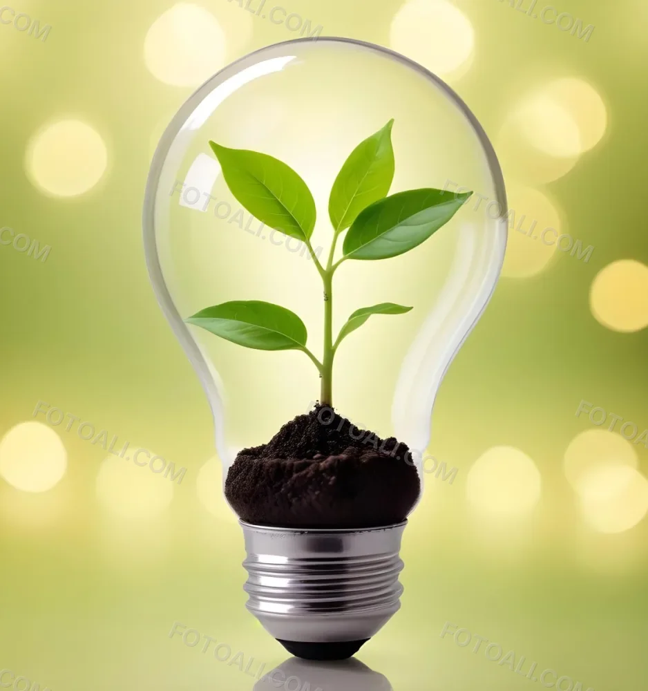 A Light Bulb With A Plant Growing Inside The Base Of The Bulb Is Filled With Soil Bokeh Background With Green And Yellow Tones 3 663d