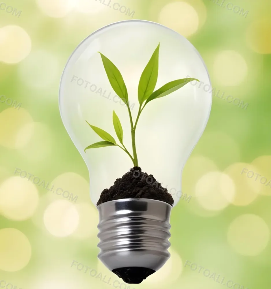 A Light Bulb With A Plant Growing Inside The Base Of The Bulb Is Filled With Soil Bokeh Background With Green And Yellow Tones 30 B8d3