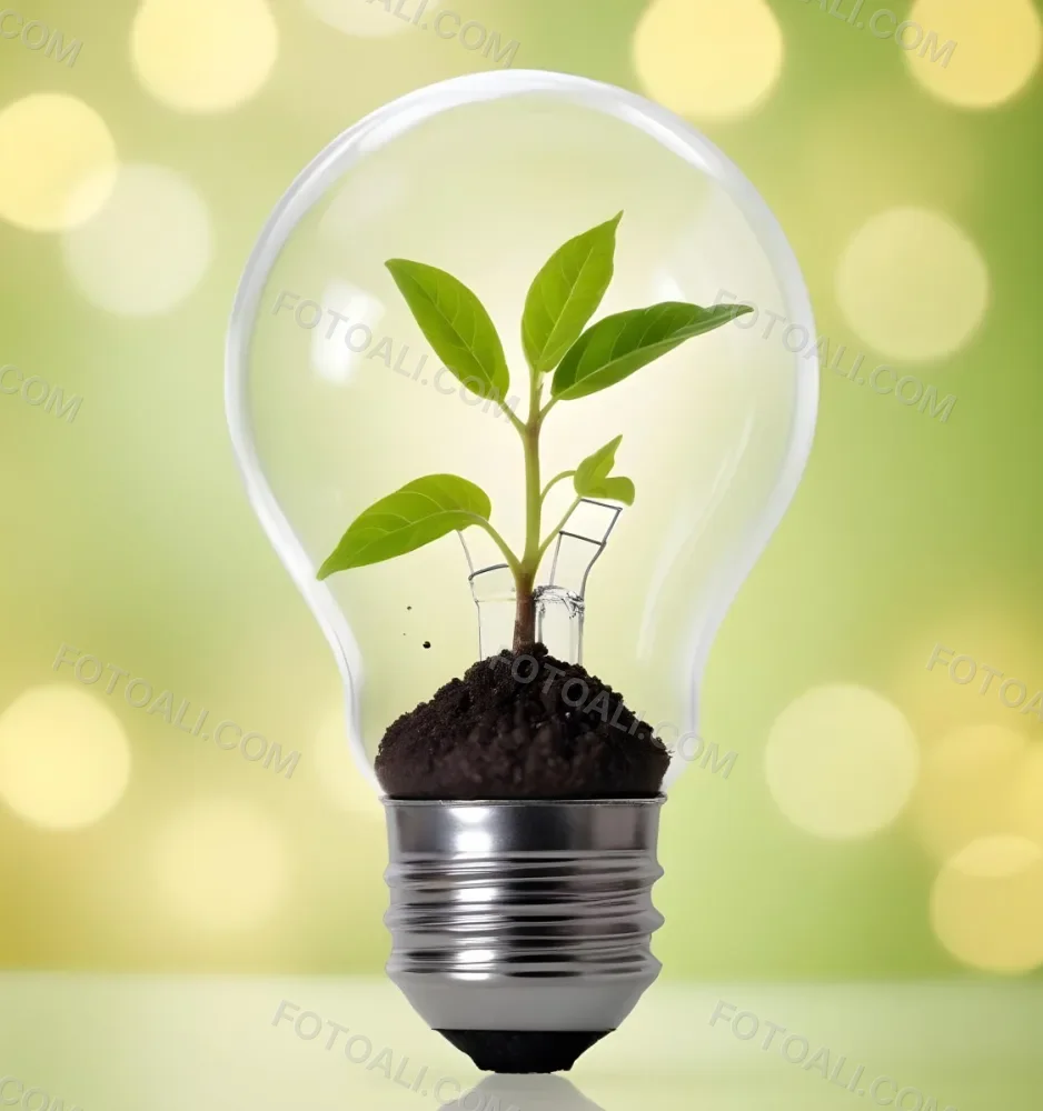A Light Bulb With A Plant Growing Inside The Base Of The Bulb Is Filled With Soil Bokeh Background With Green And Yellow Tones 31 B28a