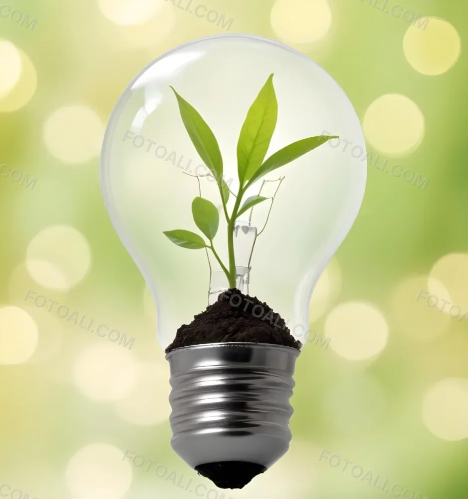 A Light Bulb With A Plant Growing Inside The Base Of The Bulb Is Filled With Soil Bokeh Background With Green And Yellow Tones 4 Bef0