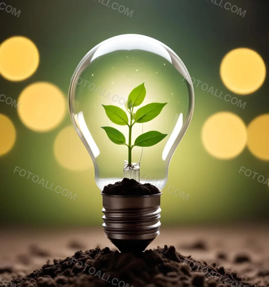 A Light Bulb With A Plant Growing Inside The Base Of The Bulb Is Filled With Soil Bokeh Background With Green And Yellow Tones 5 7f01