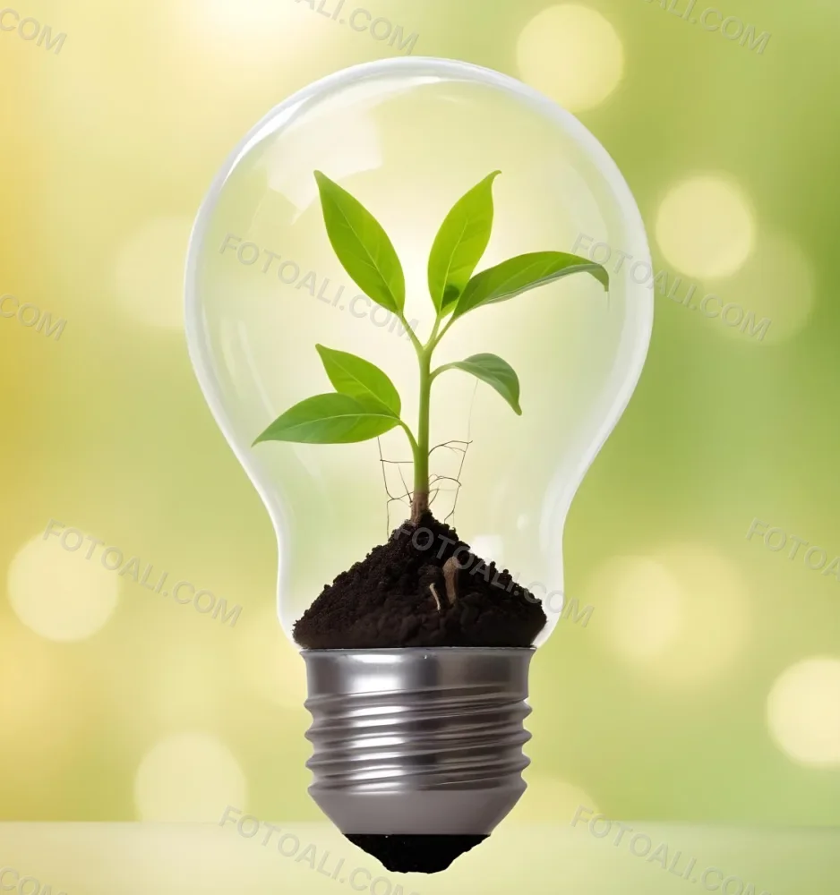 A Light Bulb With A Plant Growing Inside The Base Of The Bulb Is Filled With Soil Bokeh Background With Green And Yellow Tones 6 10c7