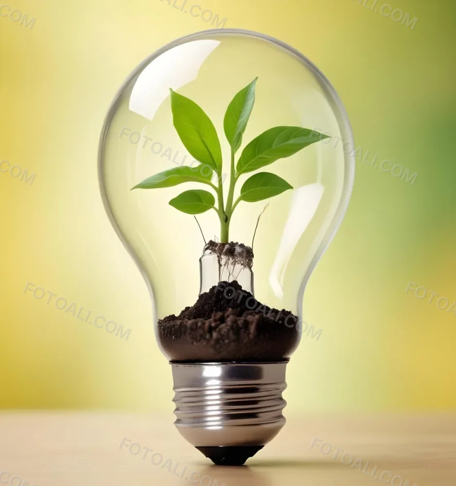 A Light Bulb With A Plant Growing Inside The Base Of The Bulb Is Filled With Soil Bokeh Background With Green And Yellow Tones 8 Cb2e