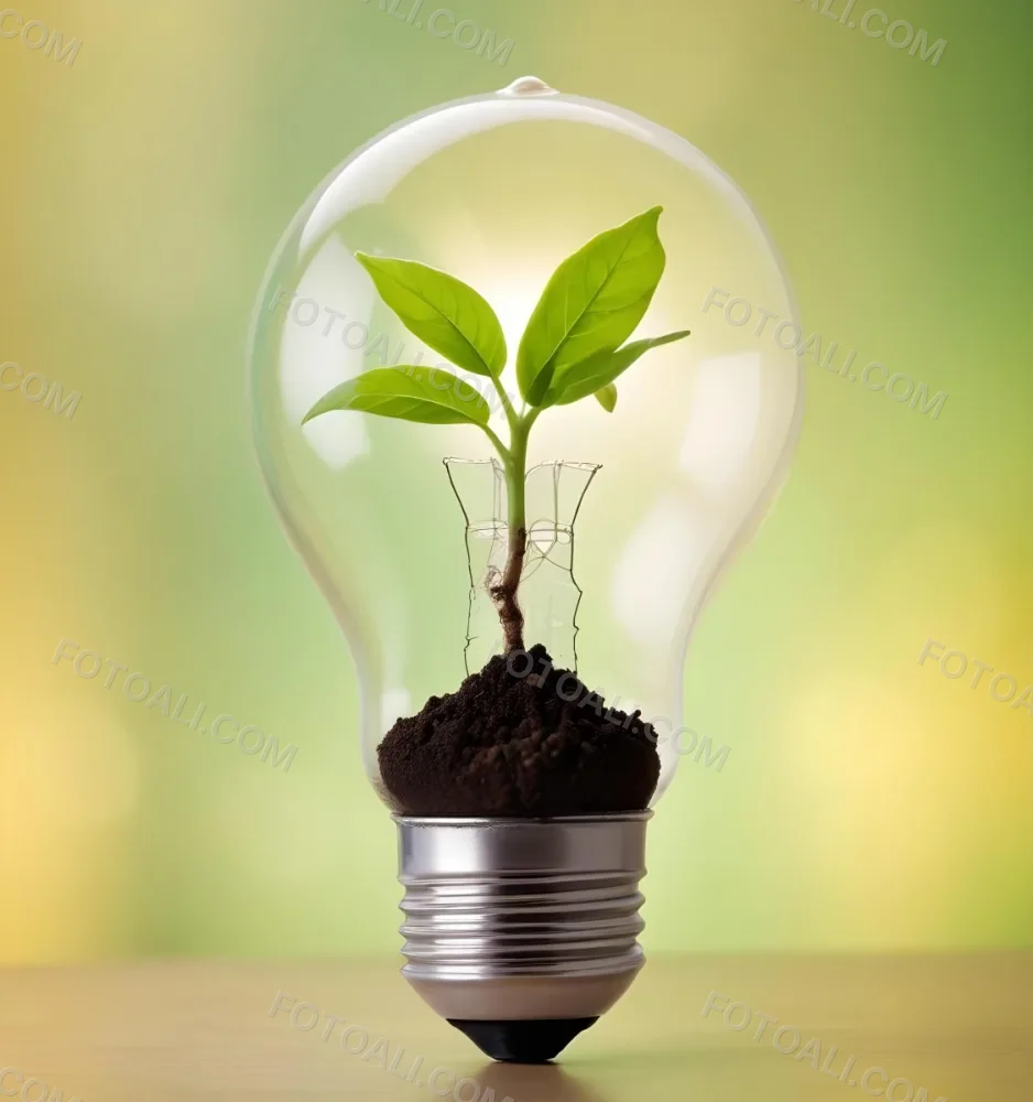 A Light Bulb With A Plant Growing Inside The Base Of The Bulb Is Filled With Soil Bokeh Background With Green And Yellow Tones 9 3b94