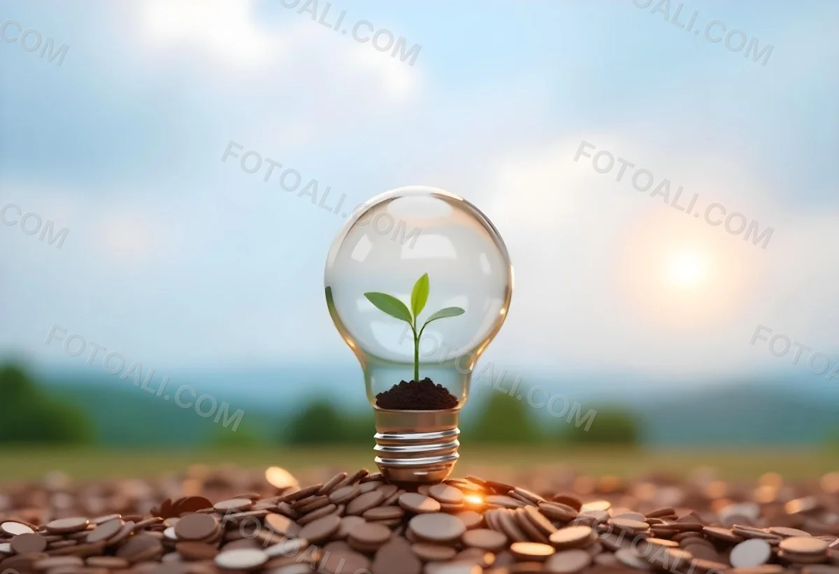 A Light Bulb With A Plant Growing Inside The Bulb Is On Top Of A Pile Of Coins The Background Is A Blurred Landscape With A Blue Sky 21 0361