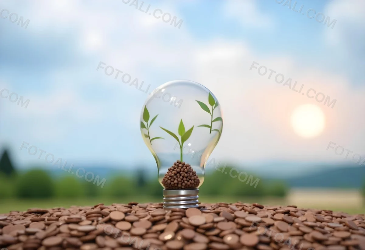 A Light Bulb With A Plant Growing Inside The Bulb Is On Top Of A Pile Of Coins The Background Is A Blurred Landscape With A Blue Sky 28 6304